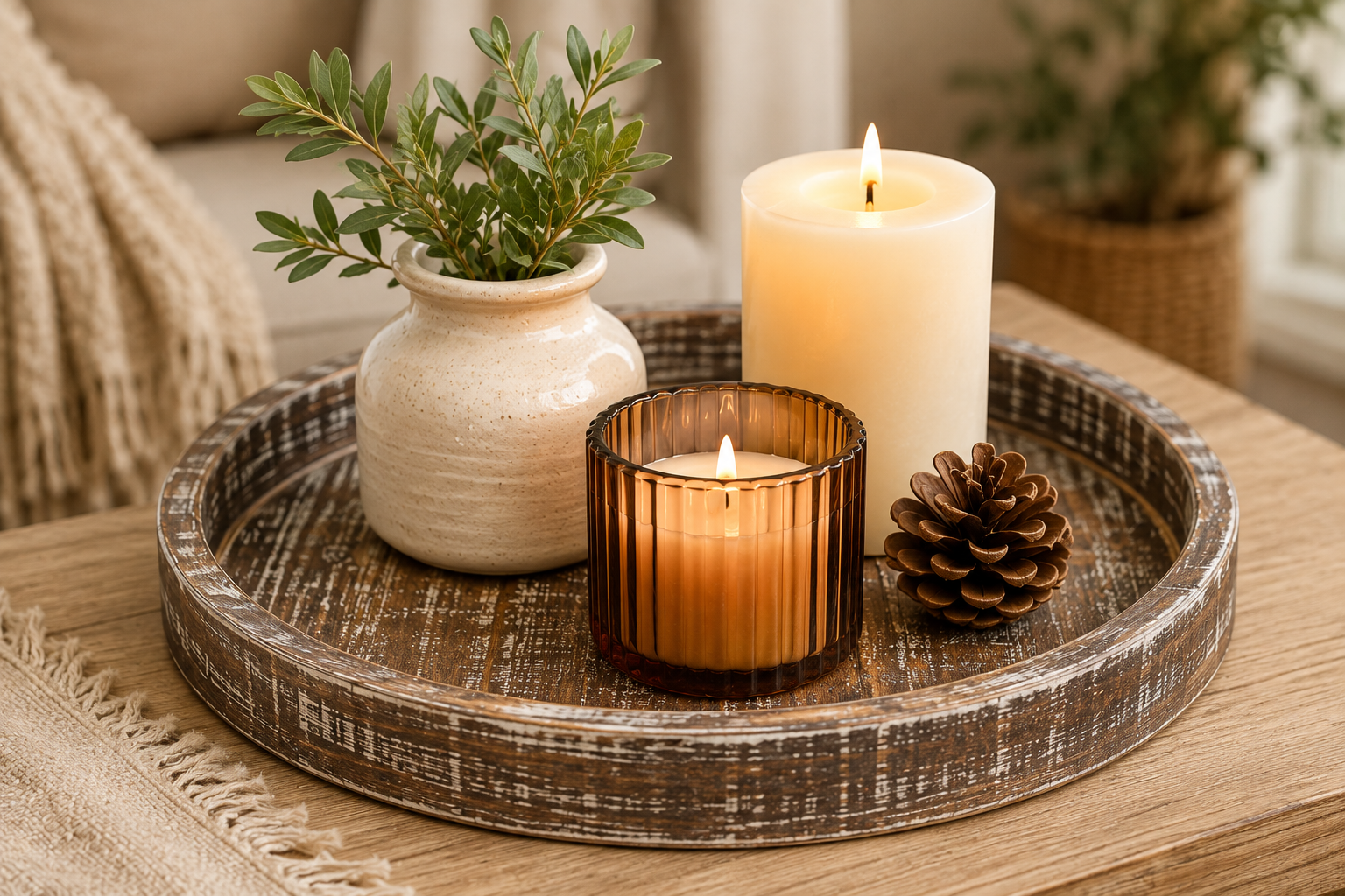How to style a round wooden tray for coffee table decoration