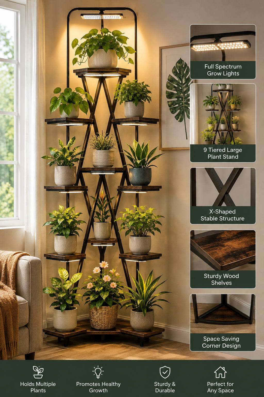 JUSTOGO Plant Stand Indoor with Grow Lights