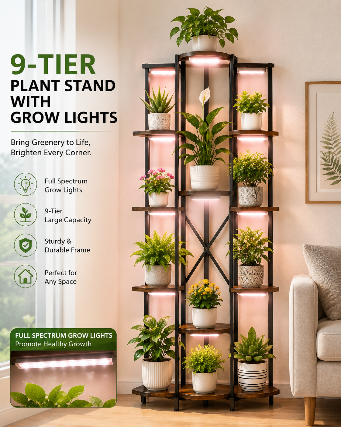 JUSTOGO Plant Stand Indoor with Grow Lights