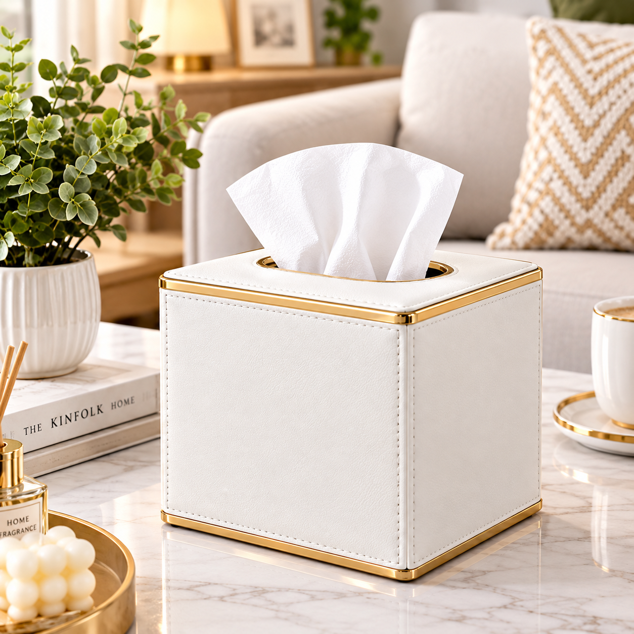 White square leather tissue box cover with gold trim on a living room table