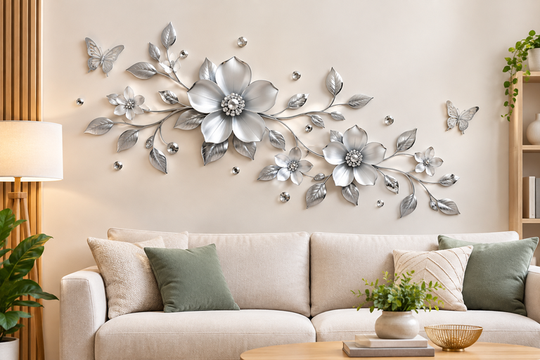 3D floral acrylic mirror wall decal installed above a living room sofa